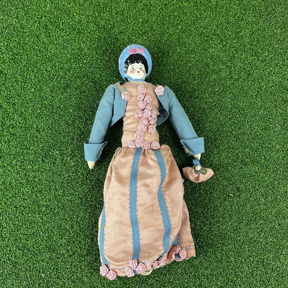 Vintage Hong Kong Porcelain Doll 14" Pink Rose Dress Blue Bonnet Cloth Body